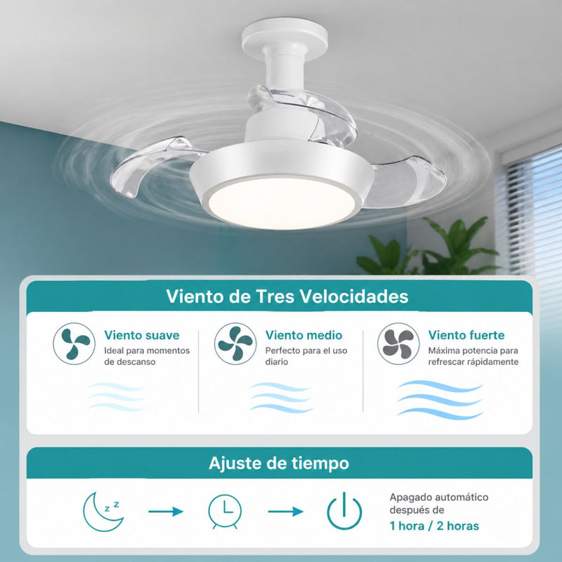 Abanico de Techo 16” socket E27 con Lámpara LED. Ventilador Invisible con Aspas Retráctiles. Luz Regulable con control remoto. Color blanco. 33w