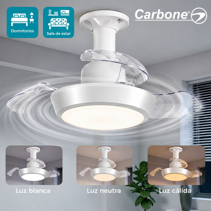 Abanico de Techo 16” socket E27 con Lámpara LED. Ventilador Invisible con Aspas Retráctiles. Luz Regulable con control remoto. Color blanco. 33w