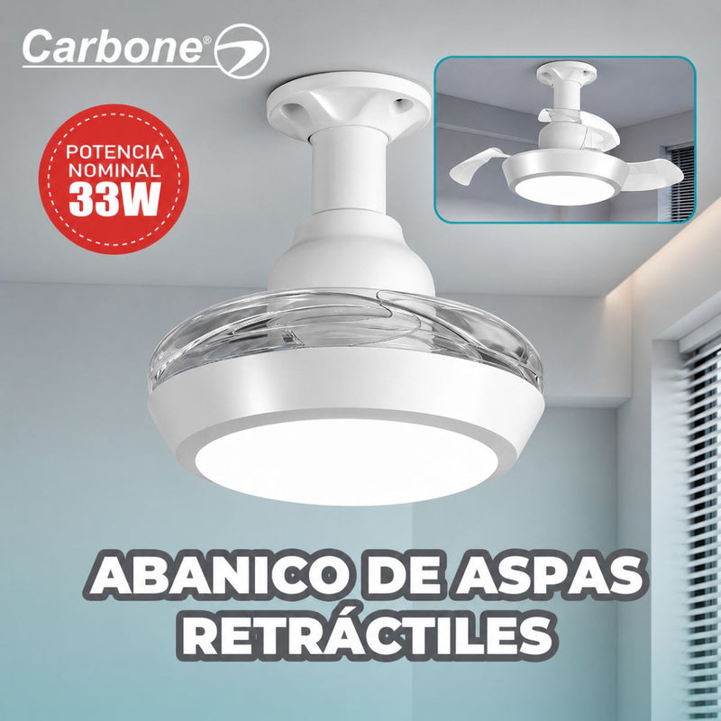Abanico de Techo 16” socket E27 con Lámpara LED. Ventilador Invisible con Aspas Retráctiles. Luz Regulable con control remoto. Color blanco. 33w