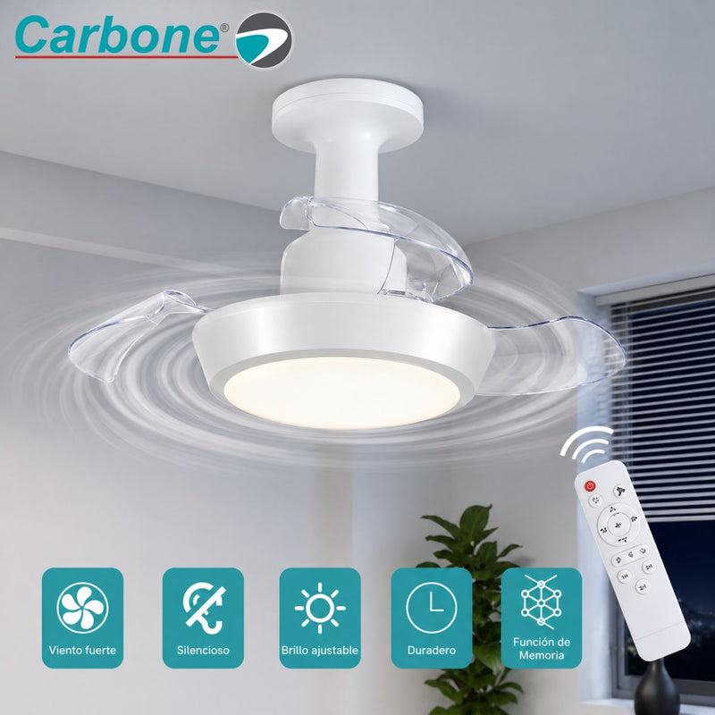 Abanico de Techo 16” socket E27 con Lámpara LED. Ventilador Invisible con Aspas Retráctiles. Luz Regulable con control remoto. Color blanco. 33w