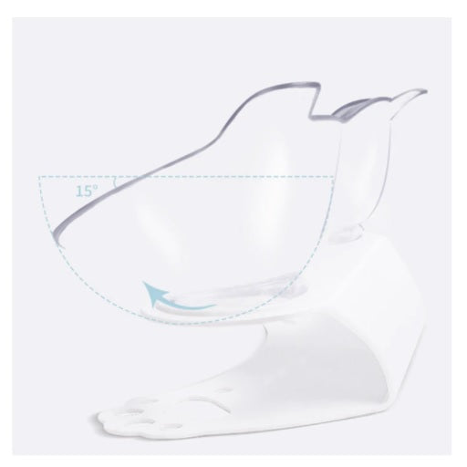 Tazón doble para gatos con soporte. Plástico transparente y soporte blanco.