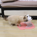 Tazón doble para gatos con soporte. Plástico transparente y soporte blanco.