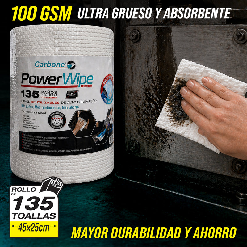 Paño industrial toalla Reutilizable Carbone PowerWipe Rollo de 135 Hojas (45X25cm) Ultra Grueso y Absorbente 100 GSM Mayor Durabilidad y Ahorro