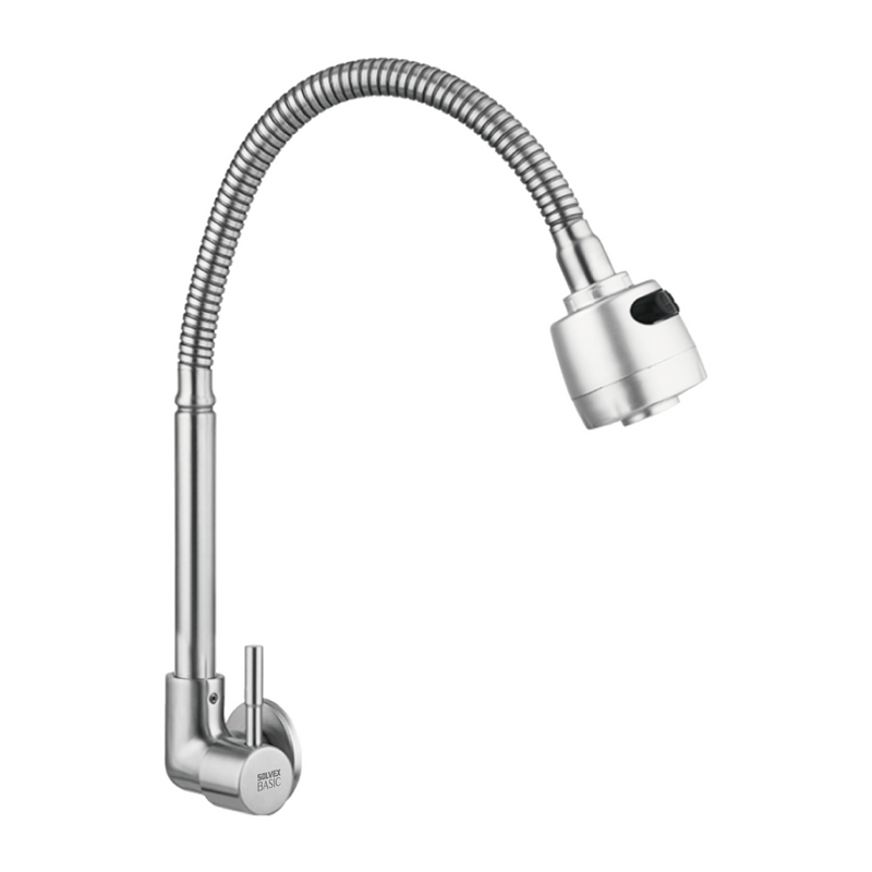 Grifo Individual para fregador cromado. Pluma Llave con Rociador Flexible.