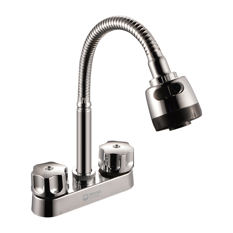 Grifo Mezclador 4" para Lavamanos o fregador Tipo Bar. Pluma llave con Cuello Flexible y Doble Función.