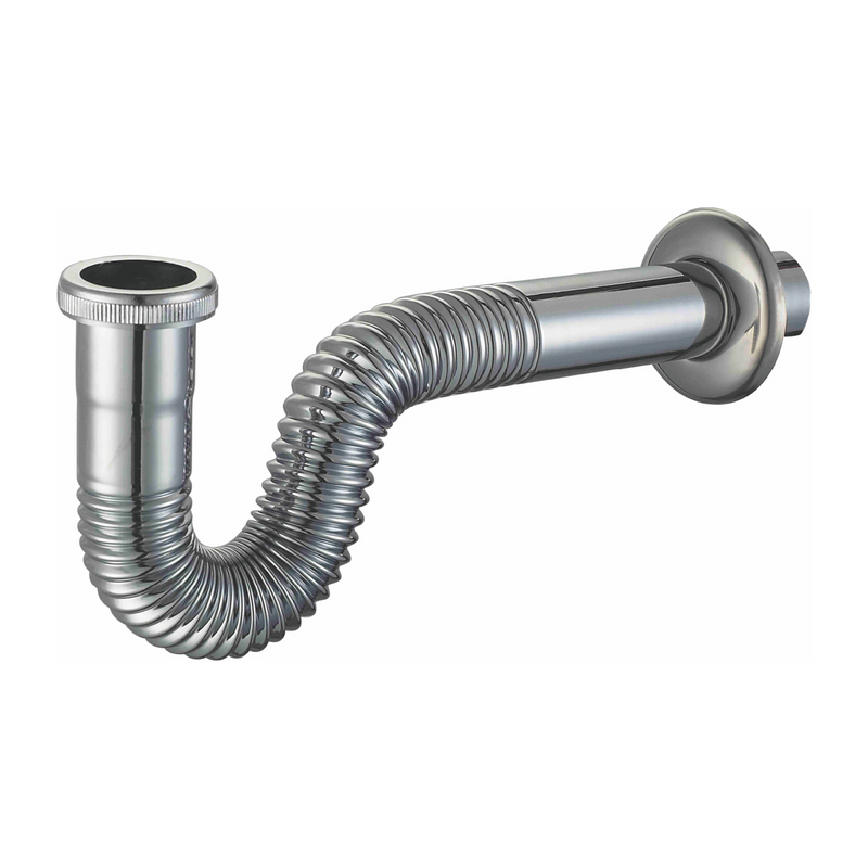 Trampa Flexible para Lavamanos 1 1/4". Tubo de Drenaje Cromado con Tuerca Metálica.