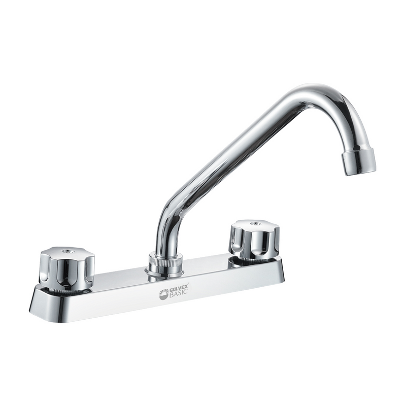 Grifo Mezclador 8" para fregador de Cocina. Pluma Llave Cromada con Tubo Inoxidable y Doble Maneral.