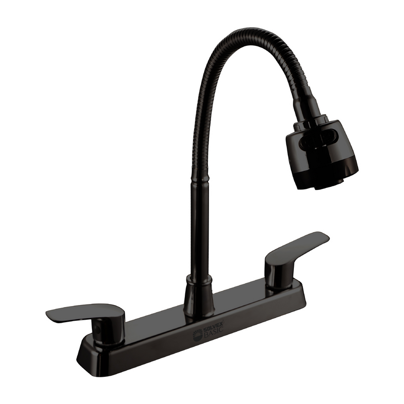 Grifo Mezclador 8" para fregador de Cocina. Pluma Llave Negra con Cuello Flexible y Doble Función.