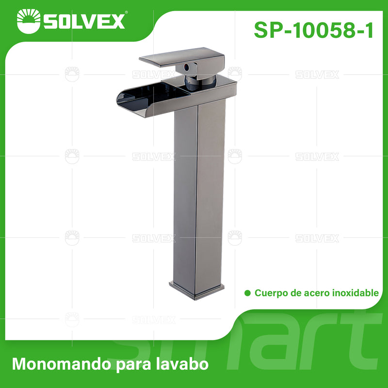 Llave de Lavamanos Individual Alta. Acabado satinado. Grifo para Lavabo. Pluma Agua Fría y Caliente.