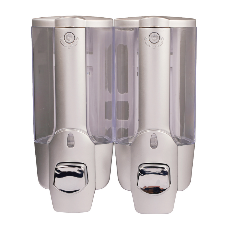 Dispensador de Jabón líquido Doble 2x350ml Gris de Pared. Plástico Resistente para Baño, Cocina, Shampoo y Gel Antibacterial.