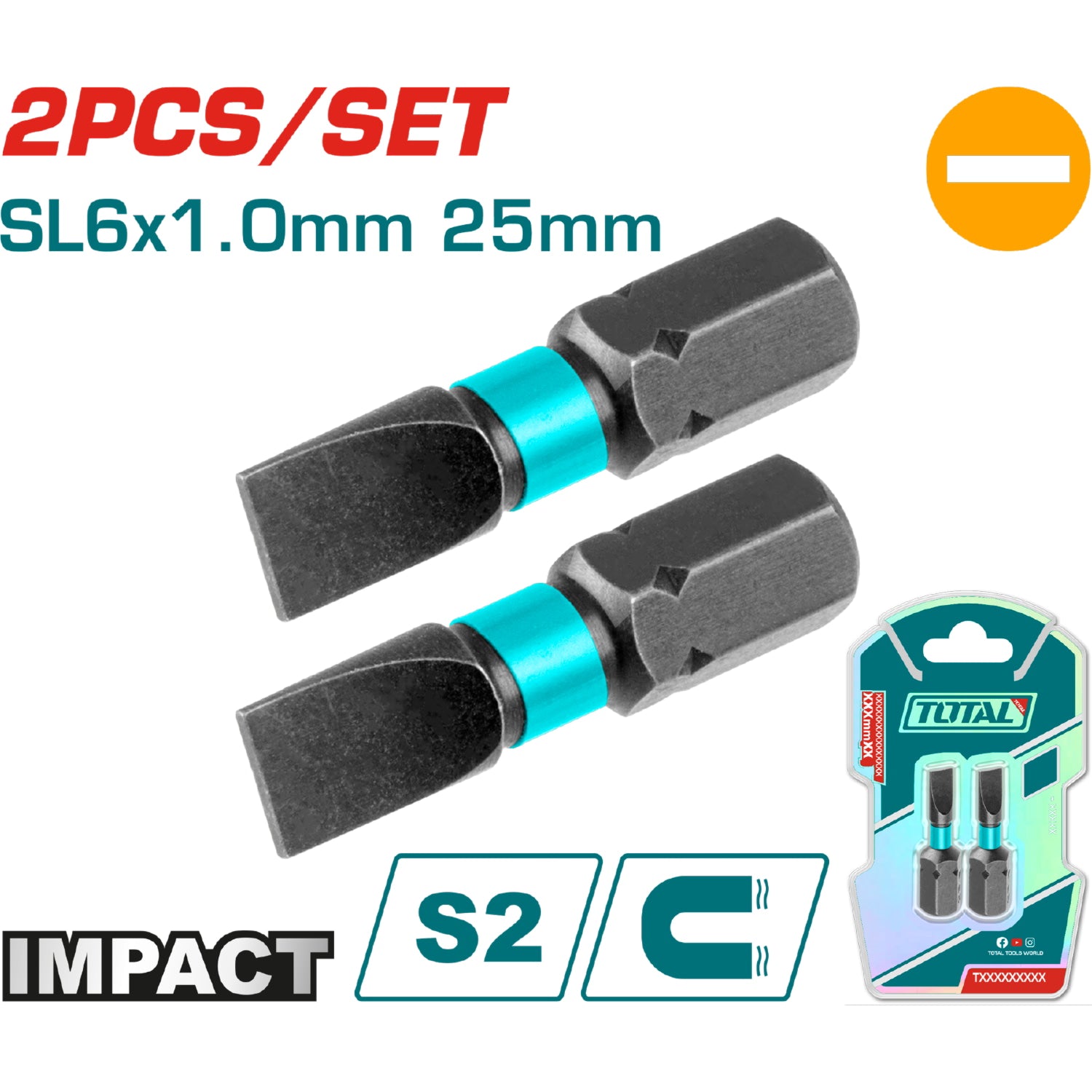 Puntas de Destornillador de Impacto SL6 25mm S2 Set de 2 pzas. Magnético. Tipo Plano.