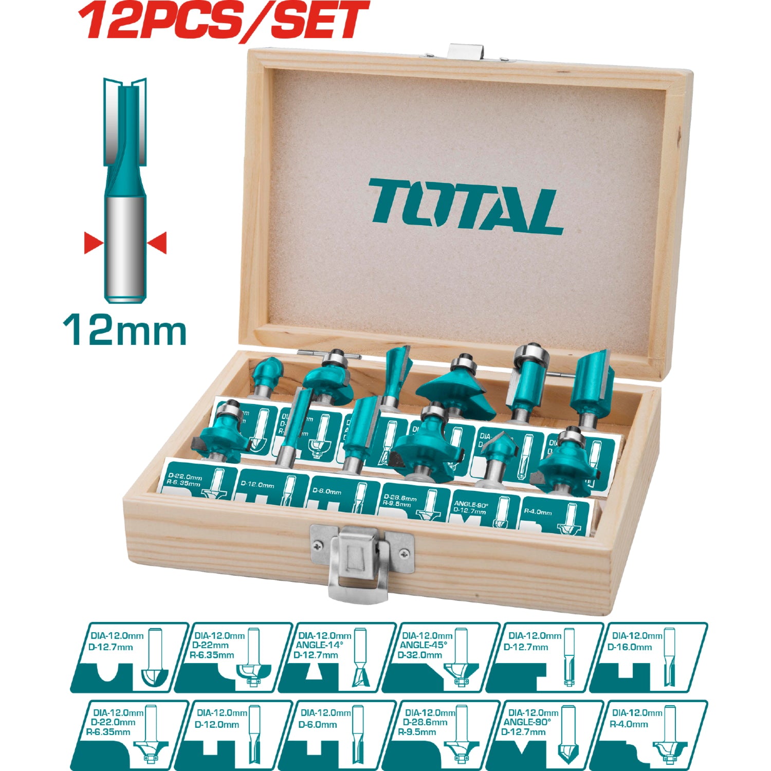 Maletin mixto de 12 pcs de puntas para router de 1/4". Alta Calidad.