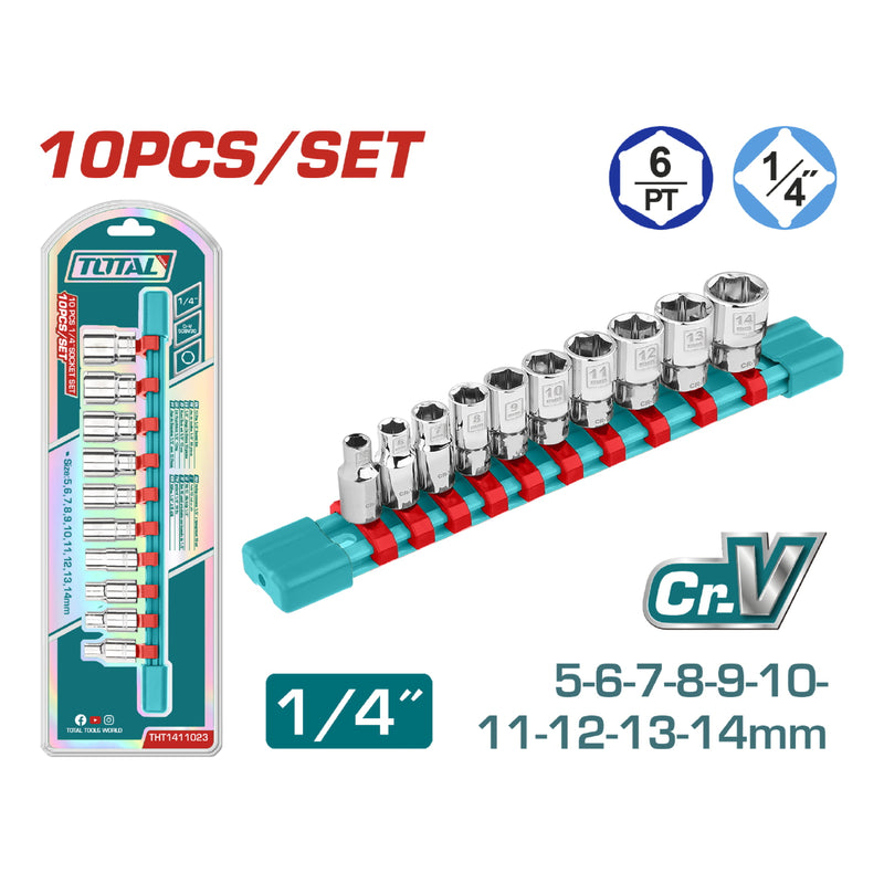 Dados Socket de 1/4" Cr.V 5-14mm Tratamiento térmico Chapado en cromo Set de 10 piezas.