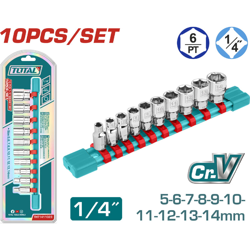Dados Socket de 1/4" Cr.V 5-14mm Tratamiento térmico Chapado en cromo Set de 10 piezas.
