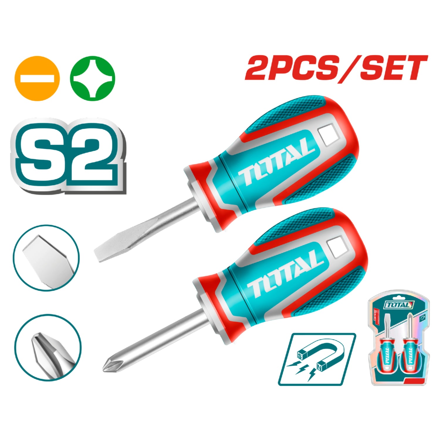 Destornilladores SL6.5x6x38mm y PH2x6x38mm Mango ergonómico. Punta Magnética. Set 2 piezas.