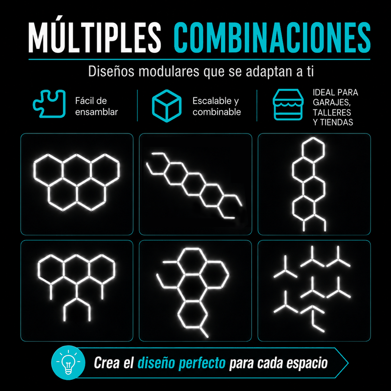 Lámpara LED Hexagonal Modular 144W (205x440cm). Panel Luminoso de 5 Hexágonos para Garajes, Talleres y Detailing. Luz de panal 110V.