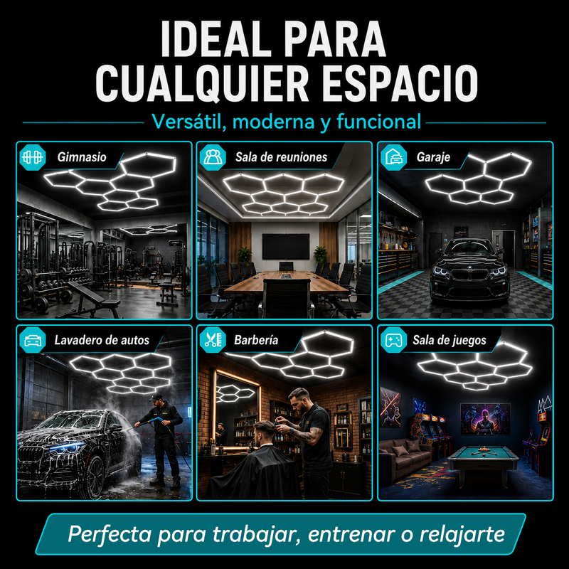 Lámpara LED Hexagonal Modular 144W (205x440cm). Panel Luminoso de 5 Hexágonos para Garajes, Talleres y Detailing. Luz de panal 110V.