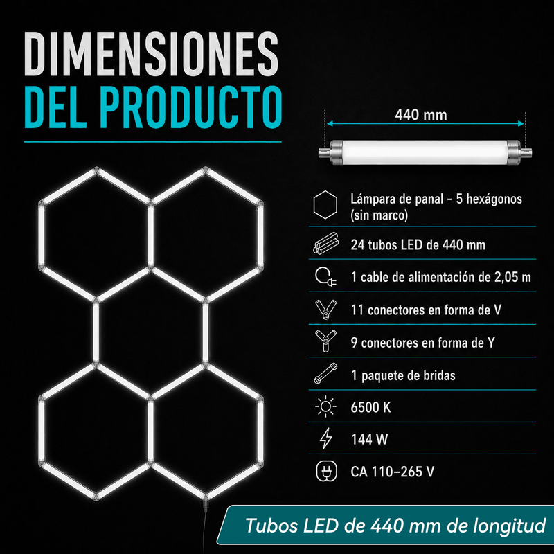 Lámpara LED Hexagonal Modular 144W (205x440cm). Panel Luminoso de 5 Hexágonos para Garajes, Talleres y Detailing. Luz de panal 110V.