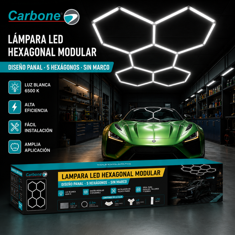Lámpara LED Hexagonal Modular 144W (205x440cm). Panel Luminoso de 5 Hexágonos para Garajes, Talleres y Detailing. Luz de panal 110V.