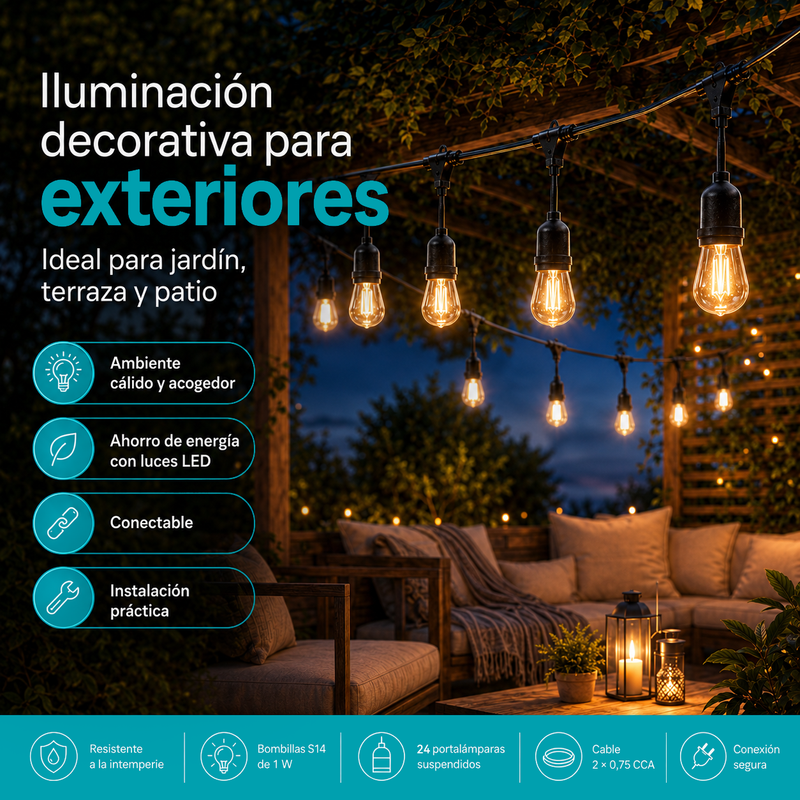 Guirnalda De Luces LED S14 (14 Metros). Tira de 24 Bombillas Colgantes 1W. Conectable Para Jardín, Terraza O Patio.