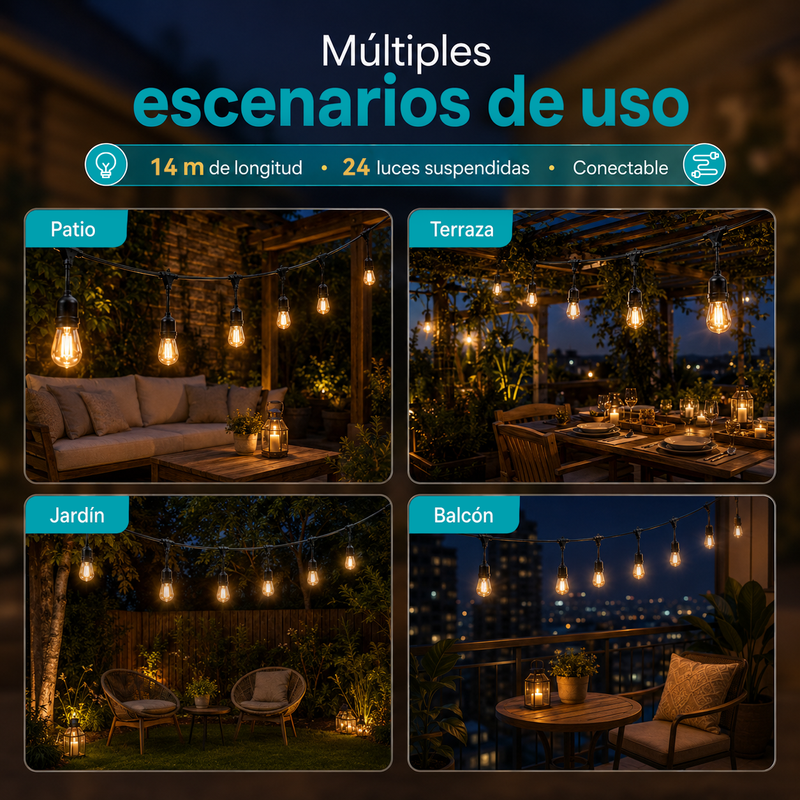 Guirnalda De Luces LED S14 (14 Metros). Tira de 24 Bombillas Colgantes 1W. Conectable Para Jardín, Terraza O Patio.