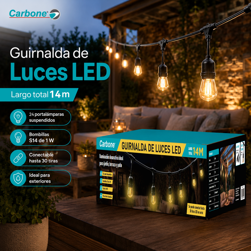 Guirnalda De Luces LED S14 (14 Metros). Tira de 24 Bombillas Colgantes 1W. Conectable Para Jardín, Terraza O Patio.