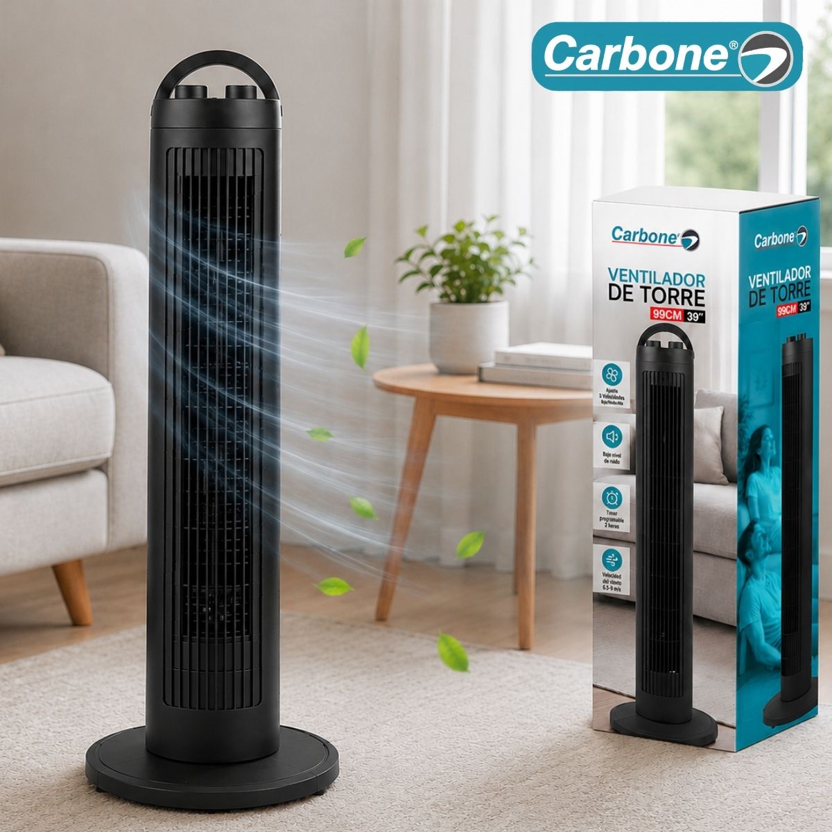 Ventilador De Torre 39" (99cm). Abanico Oscilante Con Control Remoto y 3 Velocidades 75W. Color Negro 110V.
