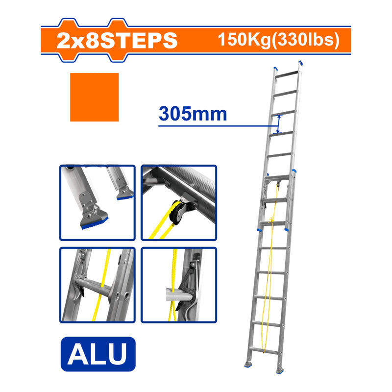 Escalera Extensible 2x8 de Aluminio. Carga máxima: 150Kg. Altura escalon: 305mm