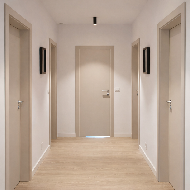 Puerta WPC 45mm madera interior Beige Crema 85x215cm incluye marco completo y herrajes silver. Altisima calidad y resistencia