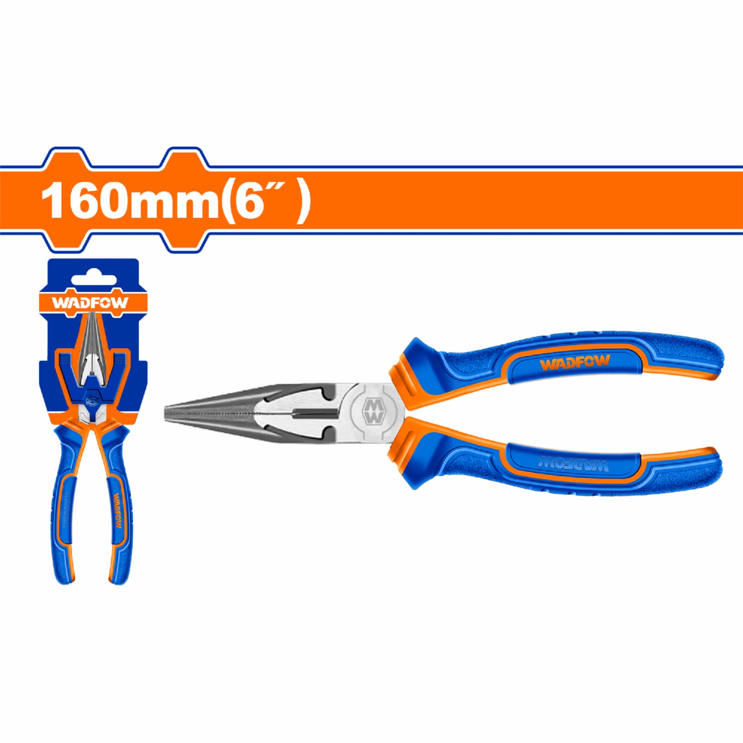 Alicate de punta larga 6"/160mm. Pulido y antióxido. Con mango de plástico.