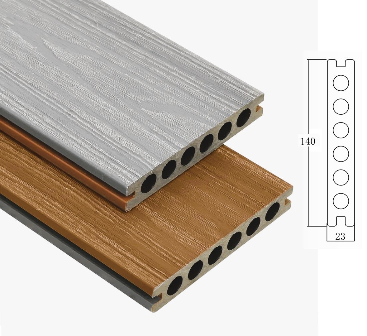 Piso Deck WPC exteriores dual color Caoba / Gris claro 23x140x2900mm