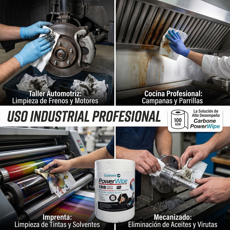 Paño industrial toalla Reutilizable Carbone PowerWipe Rollo de 135 Hojas (45X25cm) Ultra Grueso y Absorbente 100 GSM Mayor Durabilidad y Ahorro