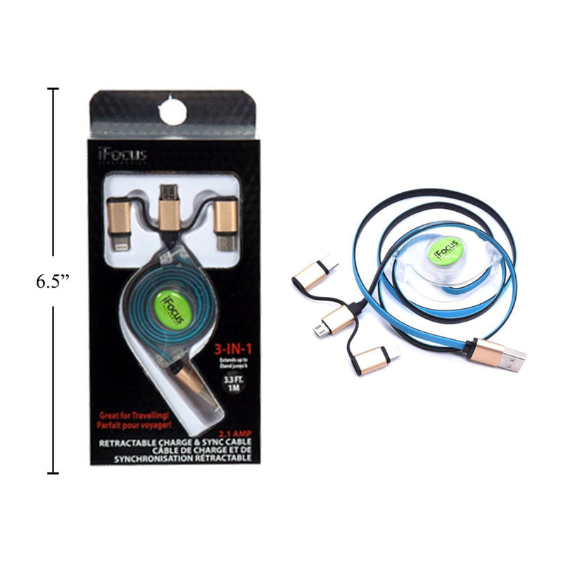 iFocus, cable retráctil de carga y sincronización 3 en 1 de 1 M, azul, cbx