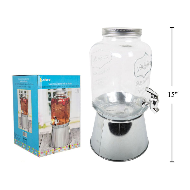 Dispensador bebidas de vidrio de 3.78L con tapa hojalata y soporte cubeta hielo galvanizado