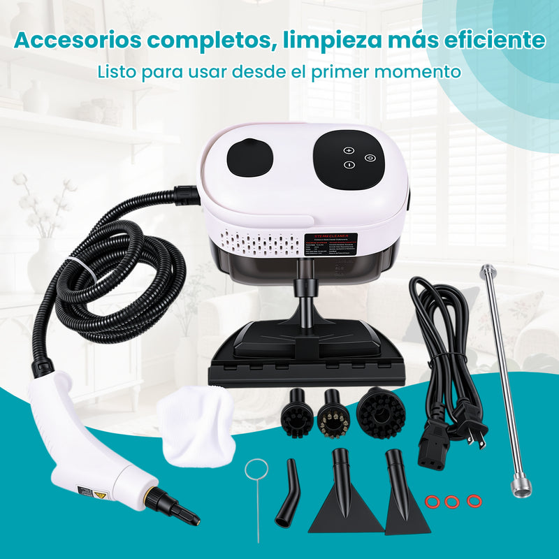 Limpiador a Vapor Portátil 1500W 110V con 6 Niveles de Vapor y Presión 3 Bar. Esterilizador con Calentamiento 15s y Depósito 1000 ml. Incluye Múltiples Boquillas.