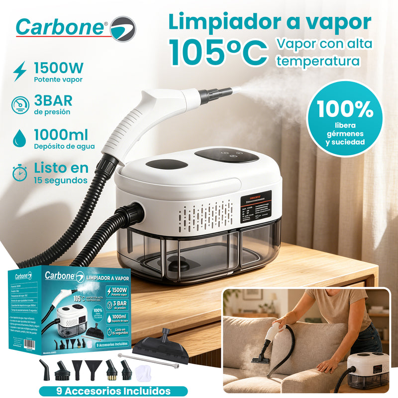Limpiador a Vapor Portátil 1500W 110V con 6 Niveles de Vapor y Presión 3 Bar. Esterilizador con Calentamiento 15s y Depósito 1000 ml. Incluye Múltiples Boquillas.