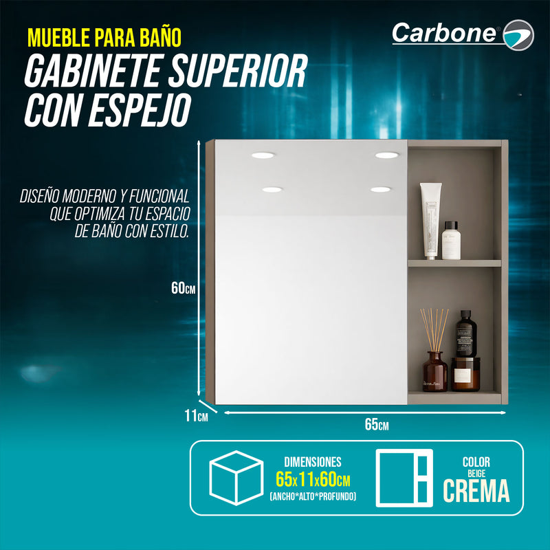 Gabinete Superior para Baño con Espejo 65×11×60 cm Carbon Fiber color Beige Crema
