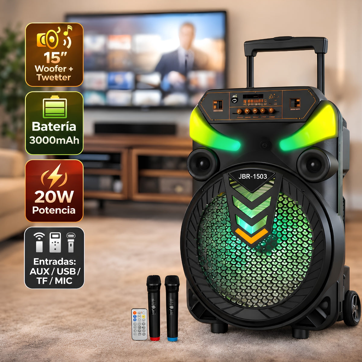 Bocina Bluetooth Portátil de 15” con Luz LED RGB. Altavoz Inalámbrico con Micrófonos, Batería Recargable 3000mAh y Control Remoto. Color negro.