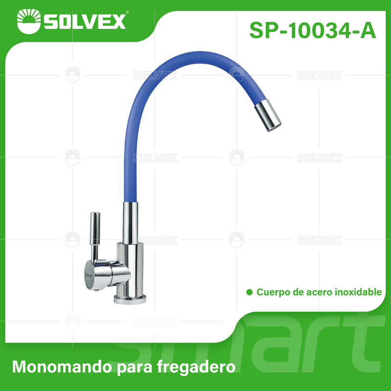 Grifo de fregador. Color Azul. Acero Inoxidable. Pluma Llave Mezcladora para Cocina. Cuello Flexible Universal.