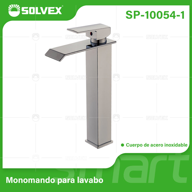 Llave de Lavamanos Individual Alta. Acabado satinado. Grifo para Lavabo. Pluma Agua Fría y Caliente.