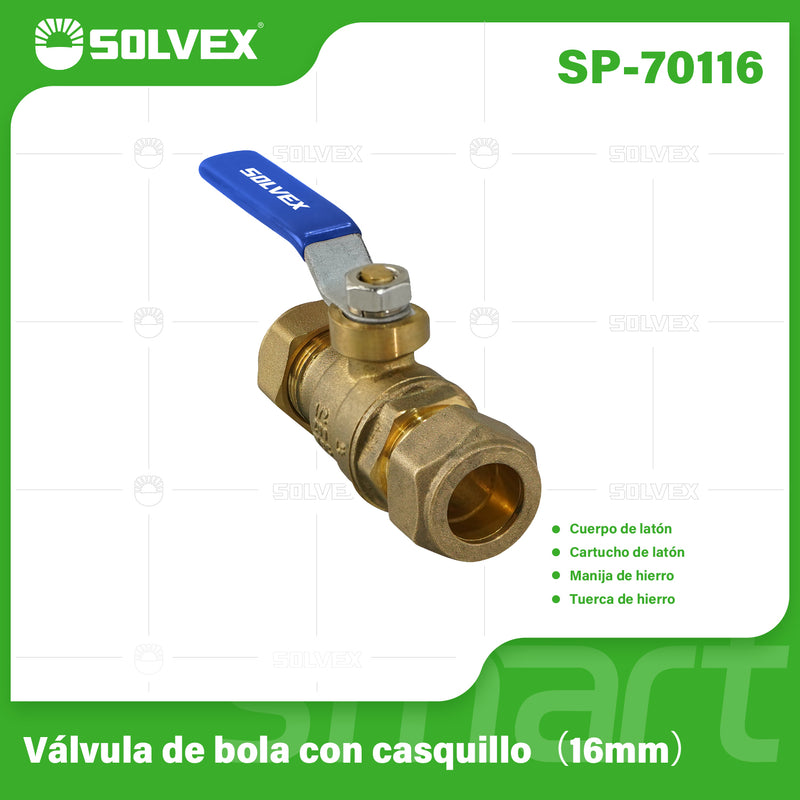 Válvula De Bola Con Casquillo 16 mm (3/8") De Latón Con Manija Metálica. Para Agua, Aceite Y Gas (WOG).