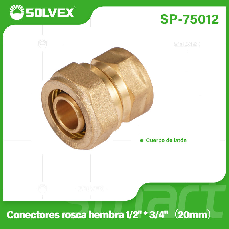 Conector De Compresión Roscado Hembra 1/2" x 3/4" (20 mm) En Latón. Unión Para Agua y Gas.