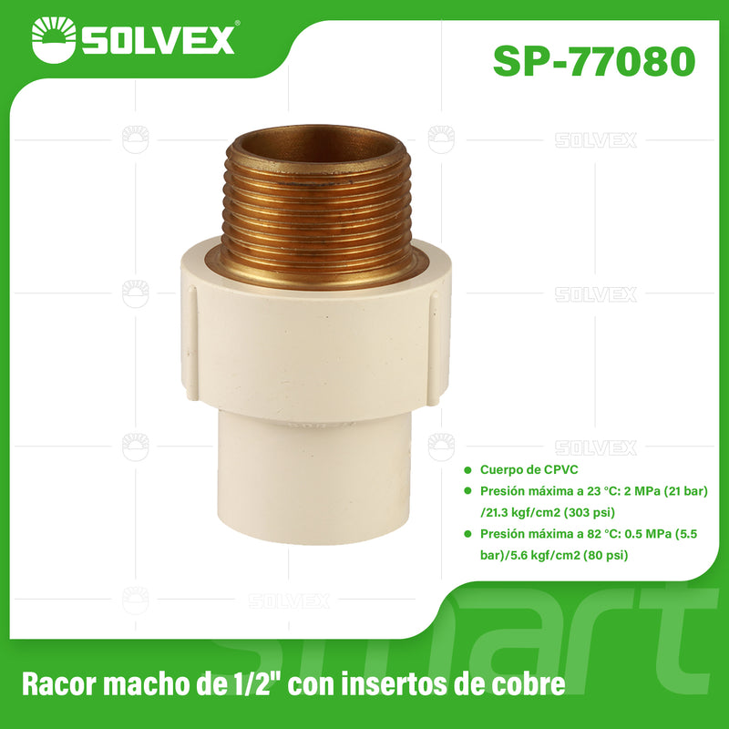 Adaptador CPVC Macho 1/2" con Inserto de Cobre. Conector Final Roscado para Agua Caliente y Fría.
