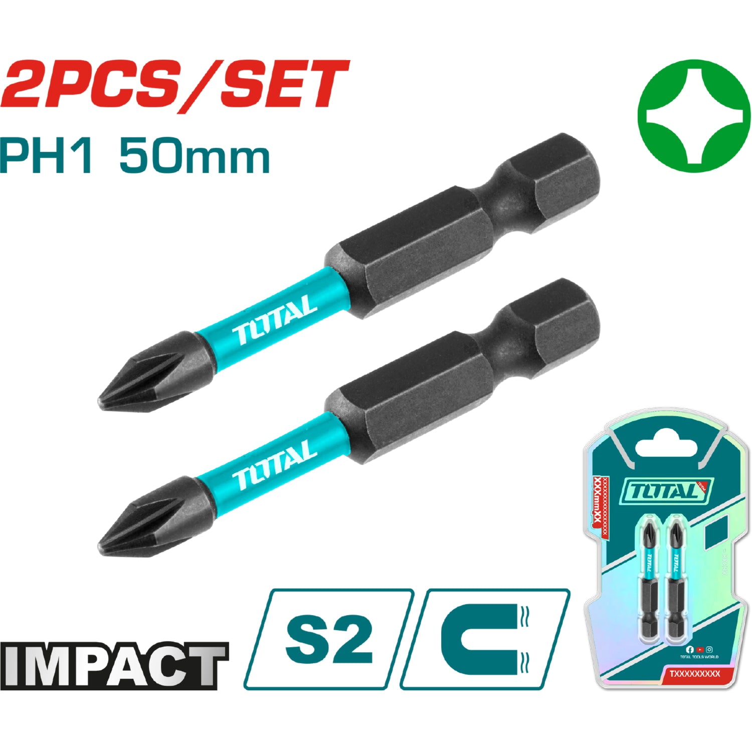 Puntas de Destornillador de Impacto PH1 50mm S2 Set de 2 pzas. Magnético. Tipo Phillips