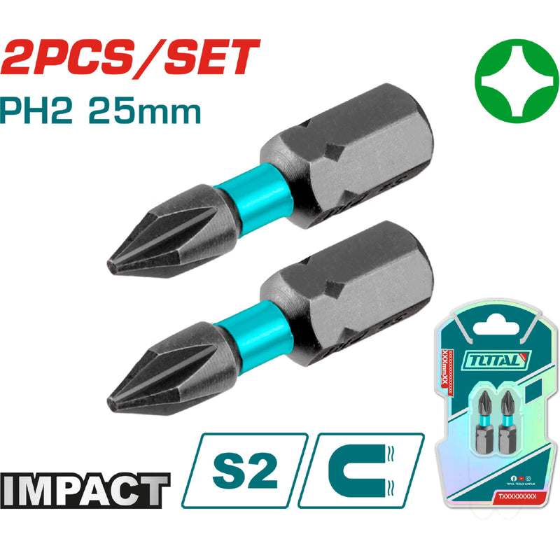 Puntas de Destornillador de Impacto PH2 25mm S2 Set de 2 pzas. Magnético. Tipo Phillips