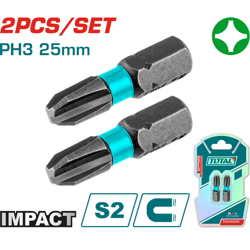 Puntas de Destornillador de Impacto PH3 25mm S2 Set de 2 pzas. Magnético. Tipo Phillips