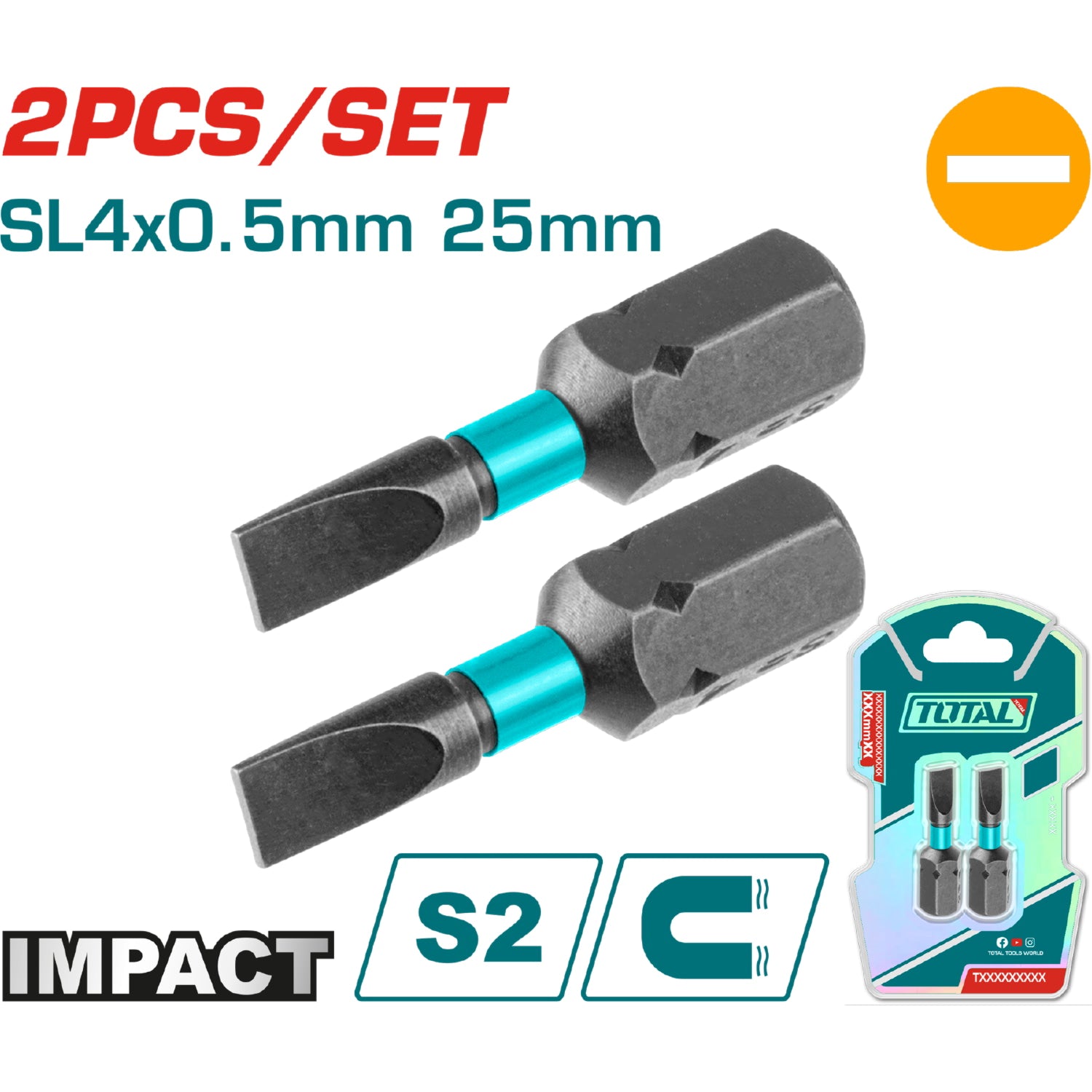 Puntas de Destornillador de Impacto SL4 25mm S2 Set de 2 pzas. Magnético. Tipo Plano.