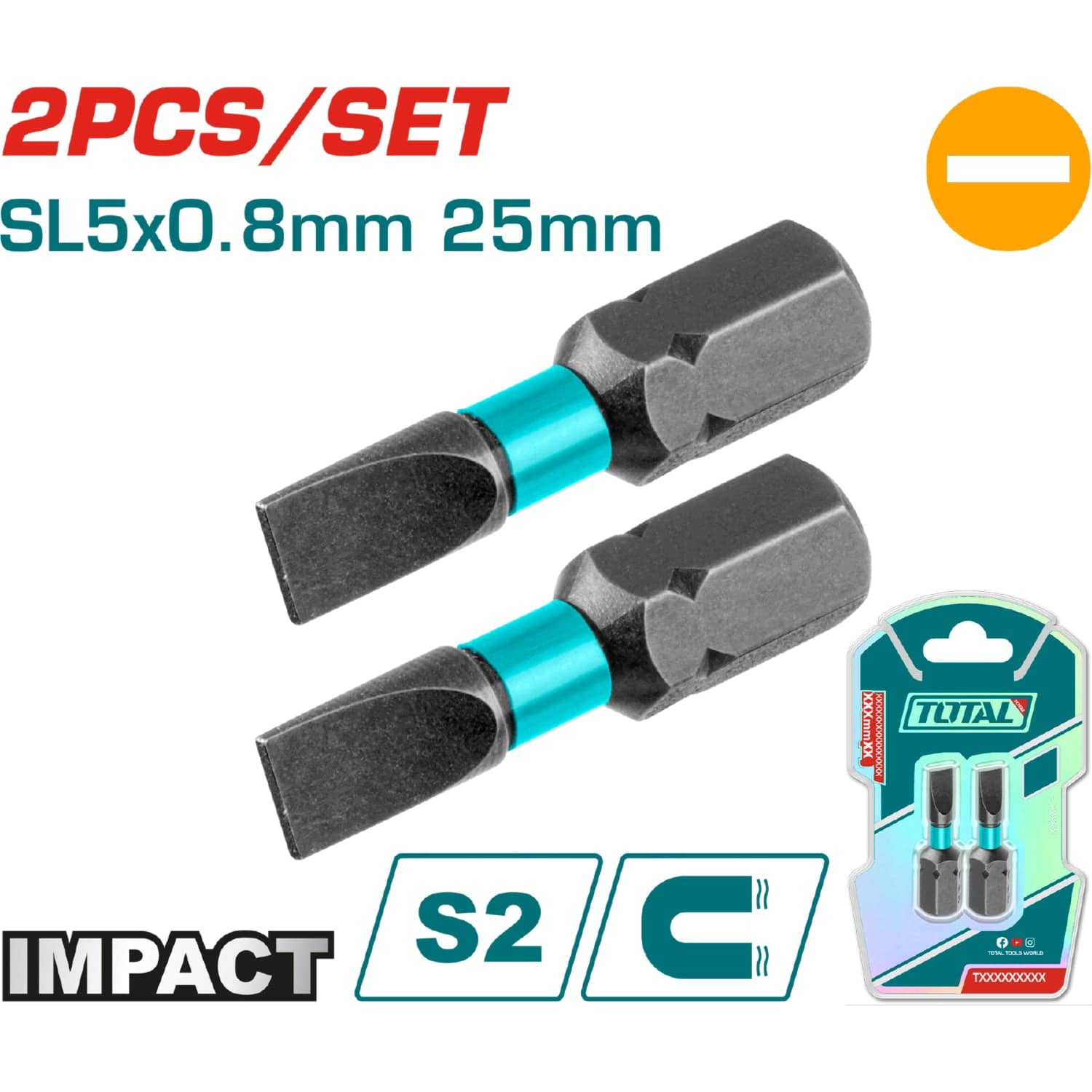 Puntas De Destornillador De Impacto SL5 25Mm S2 Set De 2 Pzas. Magnético. Tipo Plano.