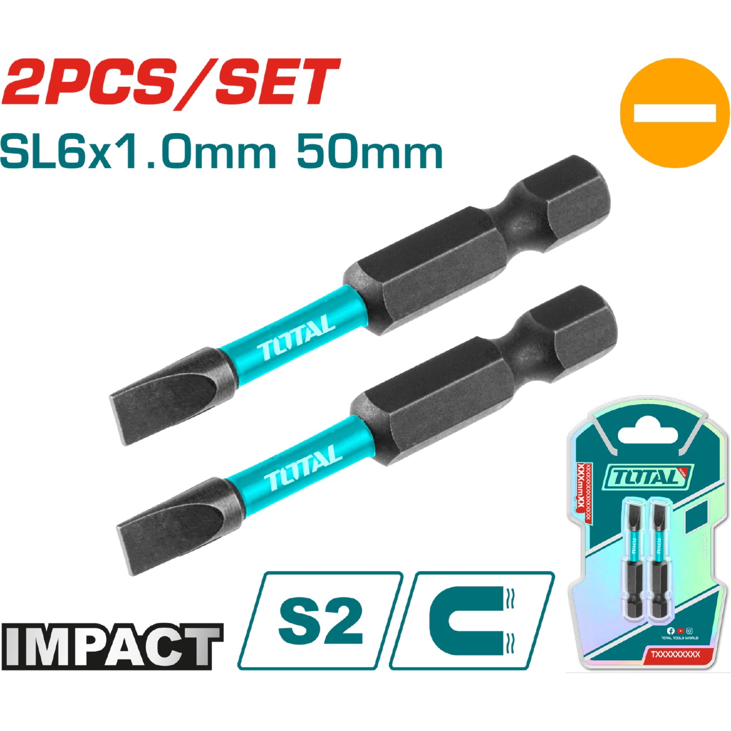 Puntas de Destornillador de Impacto SL6 50mm S2 Set de 2 pzas. Magnético. Tipo Plano.