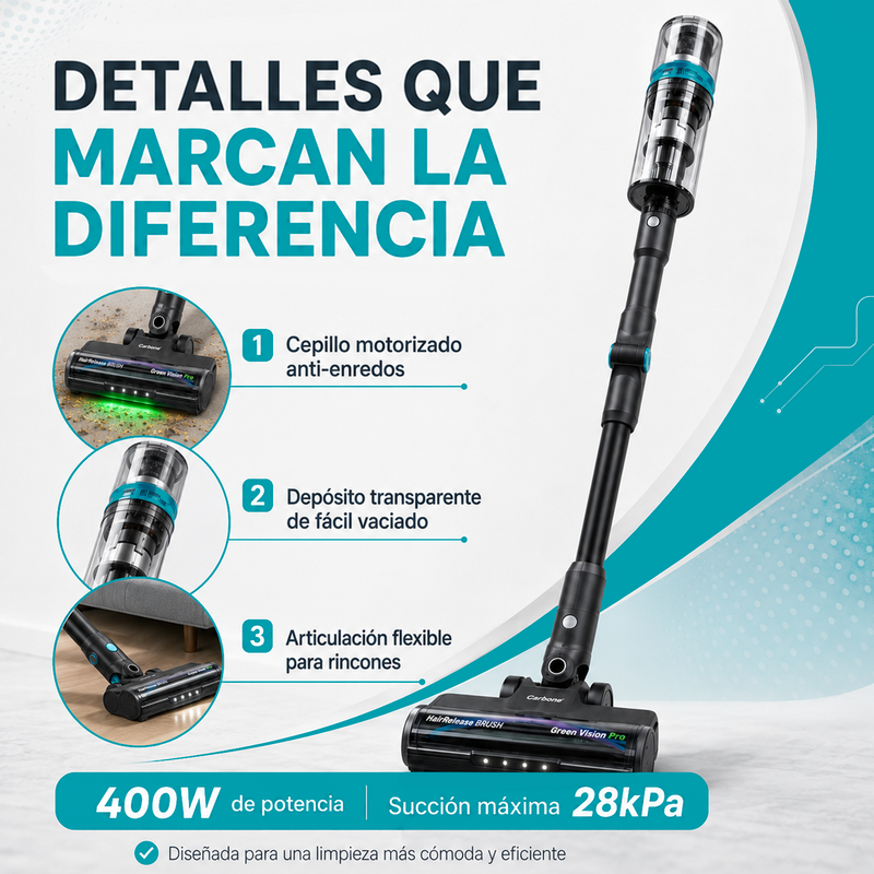 Aspiradora Inalámbrica Inteligente 400W 28KPa Recargable. Succión de Alta Potencia con Filtro HEPA y Cepillo Anti-Enredos.